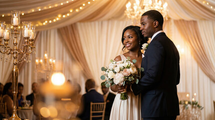 Elegant wedding couple posing together during reception