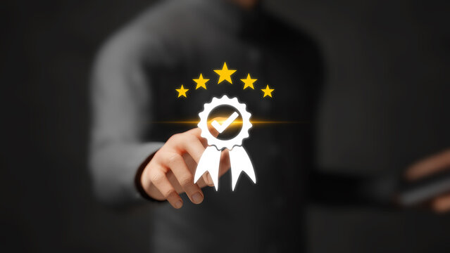 Top Service Quality Assurance. Business Trust, Customer Satisfaction, Product Guarantee, High-Quality Service, ISO Standard, Compliance and Reliability. Businessman Touching Top Quality Badge. 3D