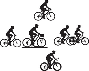 Fototapeta premium Group of cyclists and a standing person in silhouette isolated on transparent background