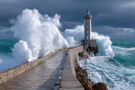 Majestic waves crashing against a lighthouse on a stormy day by the sea