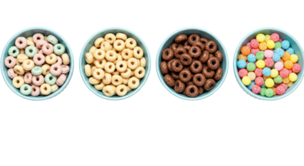 Four identical, matte pastel blue ceramic bowls in a symmetrical flat lay, filled with contrasting cereals and candies on stark white, concept of ingredient diversity
