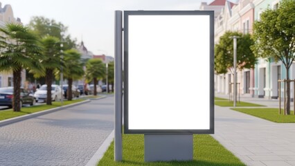 A blank billboard sign standing on a grassy median in a quiet suburban street with trees and buildings in the background.