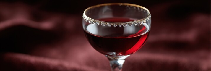 Elegant wine glass with red wine and decorative rim on rich fabric background