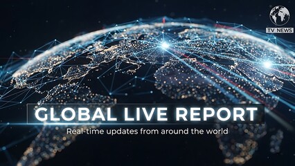 A futuristic global live report screen displays real-time updates and interconnected networks across the illuminated Earth for news broadcasts.