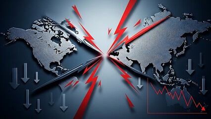 A powerful visual depicting a global economic crisis or international conflict, showing shattered continents and financial decline.