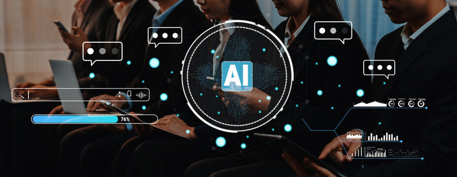 A group of professionals engaging with artificial intelligence technology at a conference, showcasing digital interaction and innovative data presentation elements. Trope - Powered by Adobe