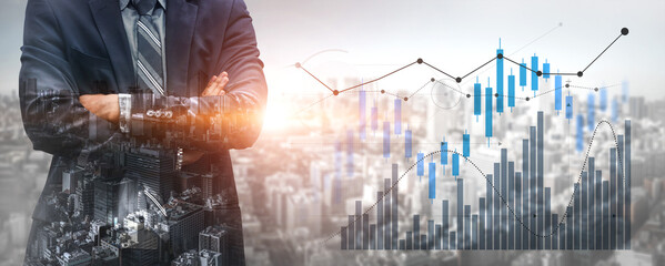Professional businessman stands with arms crossed, overlooking a modern cityscape while financial graphs illustrate market trends, symbolizing growth and opportunities. Scalp