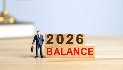 A conceptual image with the year 2026 and the word balance, along with a miniature figure of a businessman, representing financial planning and future projections