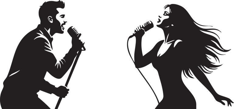 Male and female singers performing together silhouette isolated on transparent background