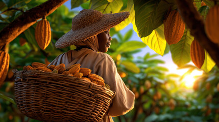 Cocoa farmer carrying basket of fresh cocoa pods