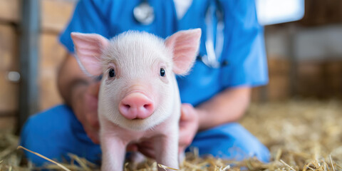Veterinarian checking on small piglet in barn