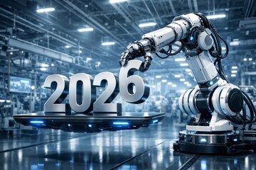 Industrial robotic arm in futuristic factory placing metallic 2026 numbers on a glowing platform, symbolizing automation, innovation, and manufacturing technology