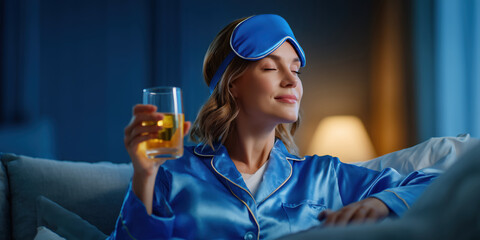 Woman relaxing at night wearing sleep mask drinking beverage
