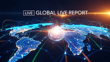 A holographic blue Earth map covered with intricate network lines and a "Global Live Report" overlay, depicting worldwide connectivity.
