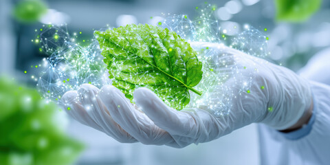 Hand holding green leaf with data network connection