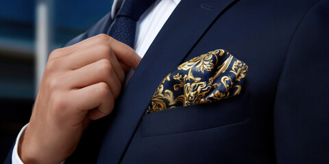 Businessman adjusting elegant pocket square in suit jacket