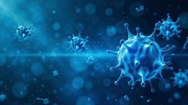 Virus with blue background. Spread of diseases by airborne droplets. Coronavirus disease or acute respiratory infection. Study of methods of treatment of infectious diseases