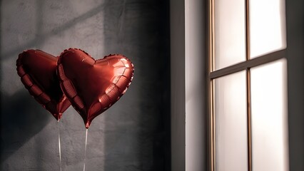 Red Foil Heart Balloons Near Window on Gray Wall