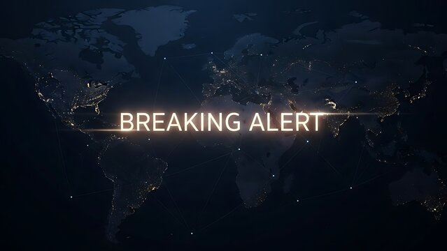 "BREAKING ALERT" message illuminates the world map, signaling urgent global news. - Powered by Adobe