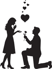 Romantic proposal silhouette with floating hearts