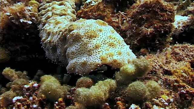 An adult sea cucumber forages for sustenance in the coral reef. Captured during daylight hours, this echinoderm is seen on the islands of Papua New Guinea and Indonesia, in its natural habitat.