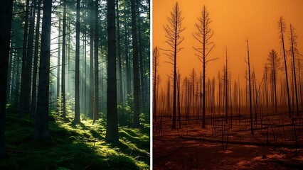 Obraz premium Healthy sunlit forest interior compared to charred remains after devastating wildfire event view