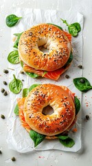 Delicious Bagel Sandwich Burger: toasted bagel filled with creamy cheese, smoked salmon, fresh spinach