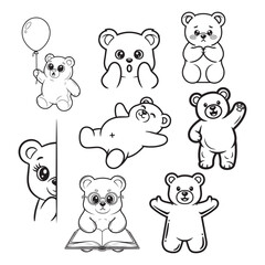 Obraz premium Set of 8 cute gummy bear character illustrations in cartoon outline style vector illustration