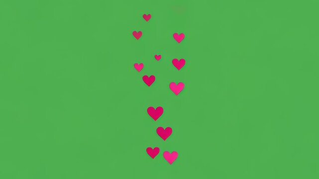 Animated pink hearts rising on a chroma key green screen background, creating a seamless loop for social media live stream reactions and romantic video overlays.