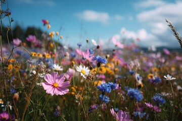 Wildflowers bloom in bright summer sunlight with clear sky and gentle breeze in open field