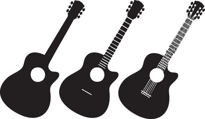 Naklejka premium Three black acoustic guitar silhouettes isolated on transparent background