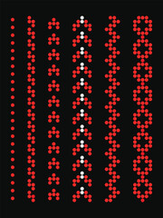 Red geometric repeated ornaments set in dotted style from traditional Ukrainian embroidery on black background