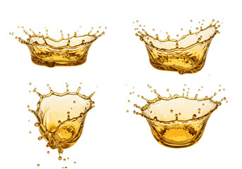 Three distinct high-viscosity translucent gold liquid crown splashes captured in extreme macro shot, dramatic rim lighting on a transparent background. Concept for premium beverage advertising