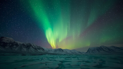 Naklejka premium Aurora Borealis Over Snowy Mountains – Magical Night Landscape