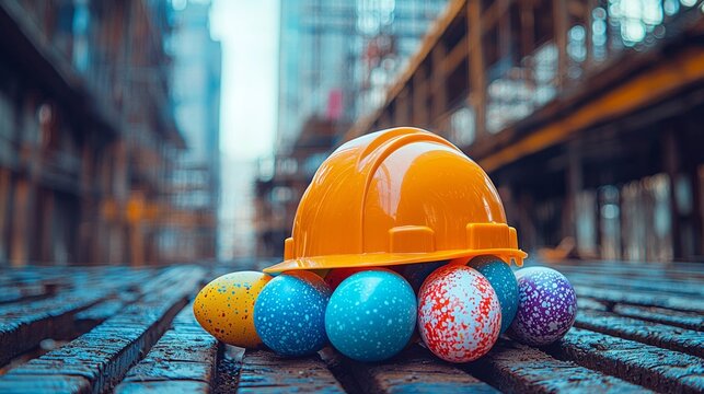 A stacked collection of colorful Easter eggs positions itself beneath a bright yellow hard hat, symbolizing a playful merging of festive cheer with a construction environment.
