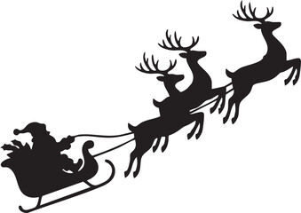 Obraz premium Black silhouette of santa claus in his sleigh pulled by reindeer isolated on transparent background