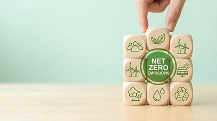 Net Zero Emissions Concept: Sustainable Energy Icons on Wooden Blocks