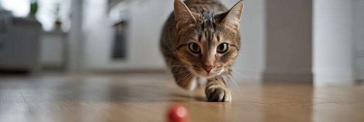 Focused tabby cat stalking a small red ball on wooden floor