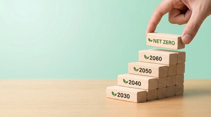 Hand stacking net zero blocks to reach 2060 goal, climate change concept
