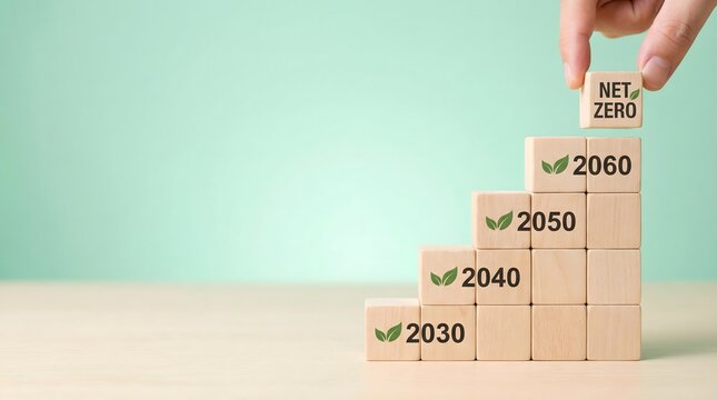 Hand placing Net Zero cube on growing stairs, environmental goals