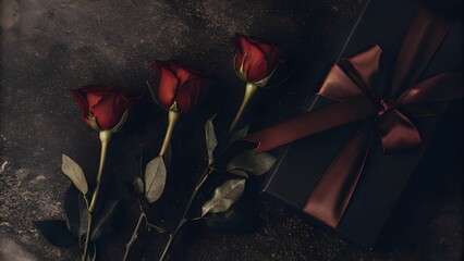 Red Roses and Gift Box on Dark Surface