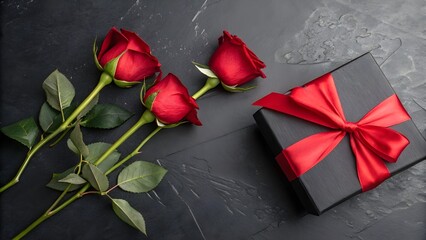 Red Roses and Gift Box on Dark Surface