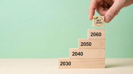 Hand placing Net Zero block on stacked wooden blocks with years, representing climate goal