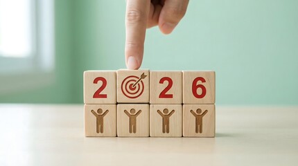 Fingertip points to target on 2026 block, symbolizing goal setting and future planning