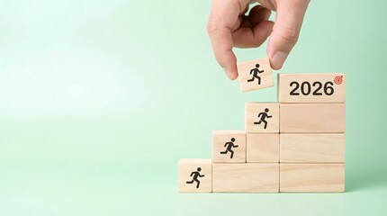 Businessman climbing wooden blocks with running man and 2026