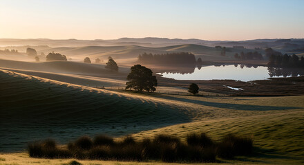 Peaceful misty landscape with green rolling hills and a lake at sunrise