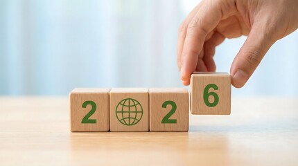 hand placing wooden block with number six to form 2026