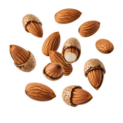 Almonds scattered in a dynamic arrangement with natural brown tones and crisp detail for healthy eating and food ingredient imagery.