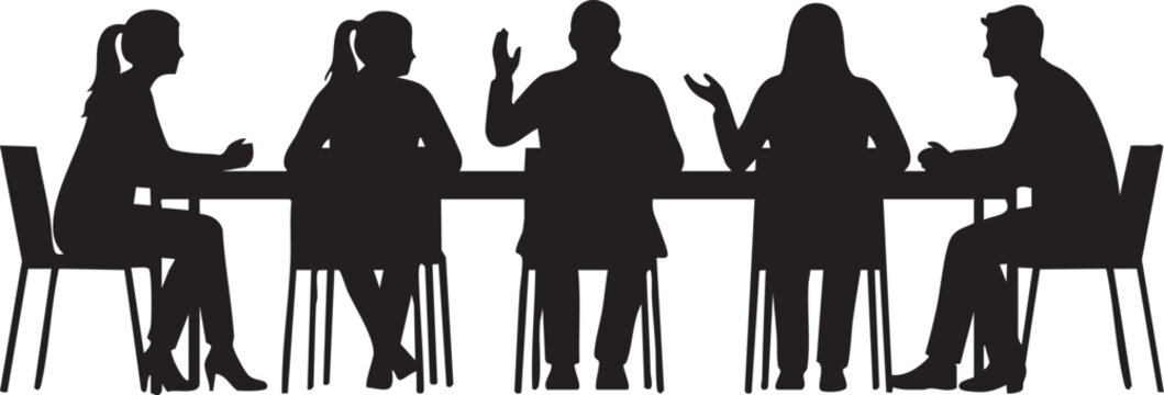 Group of business people in silhouette sitting around a conference table isolated on transparent background
