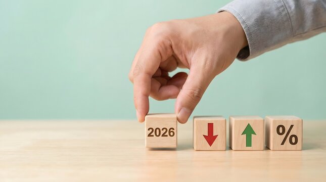 Business strategy concept with hand turning wooden block with 2026 to up arrow and percentage